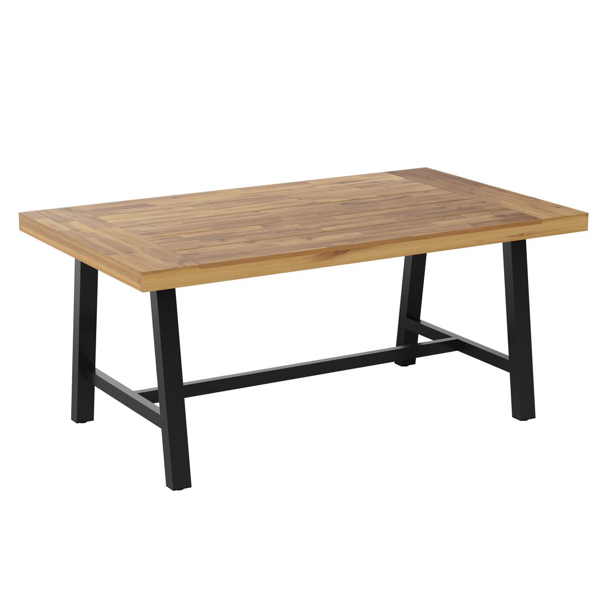 All Weather Commercial Acacia Wood Top Patio Table with Metal Base-Natural/Black