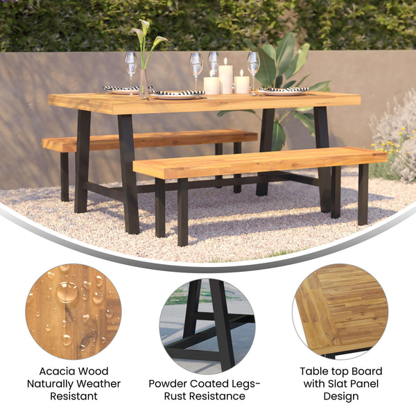 All Weather Commercial Acacia Wood Top Patio Table with Metal Base-Natural/Black