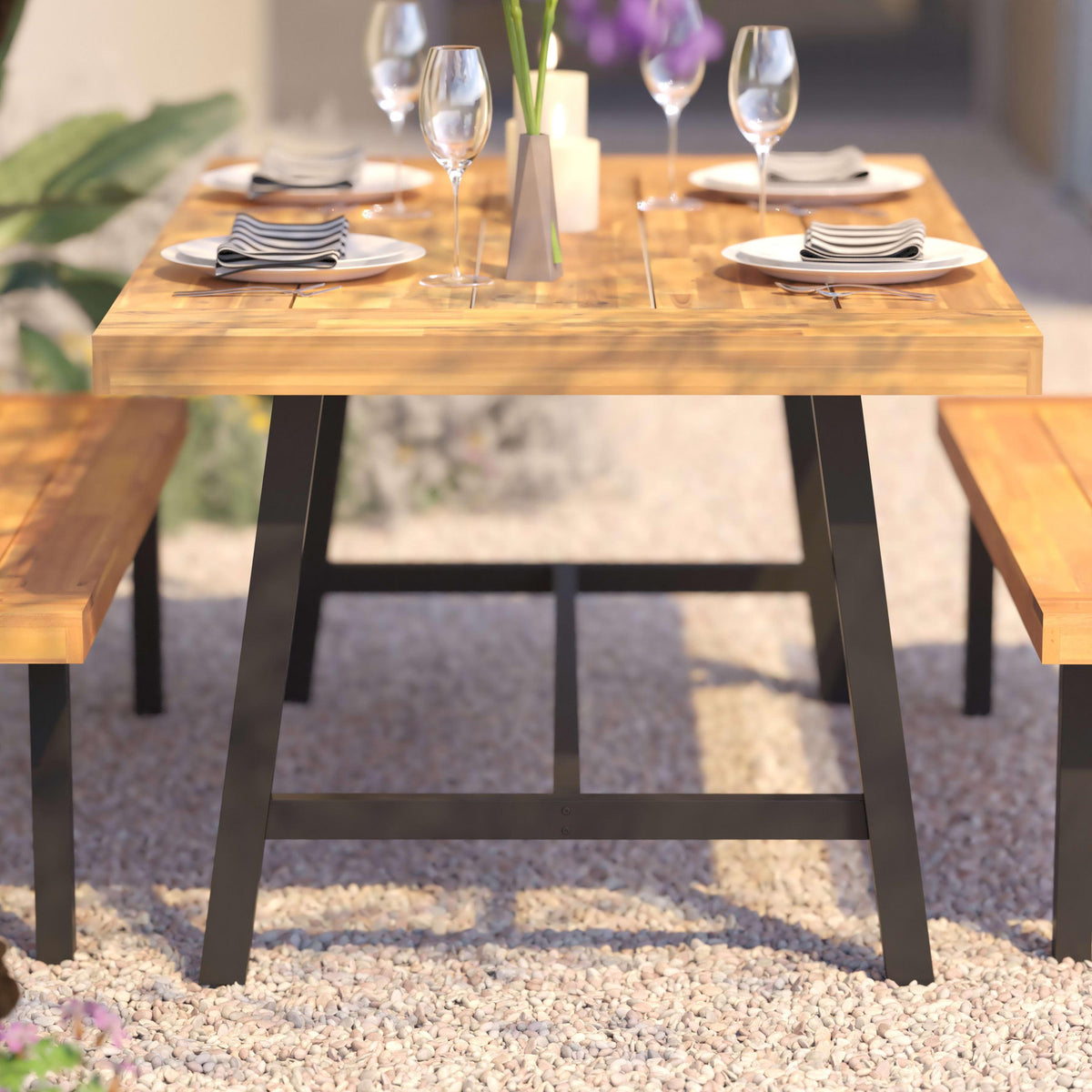 All Weather Commercial Acacia Wood Top Patio Table with Metal Base-Natural/Black