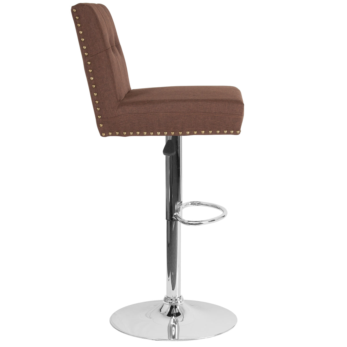 Brown Fabric |#| Adjustable Height Tufted Back Barstool with Accent Nail Trim in Brown Fabric