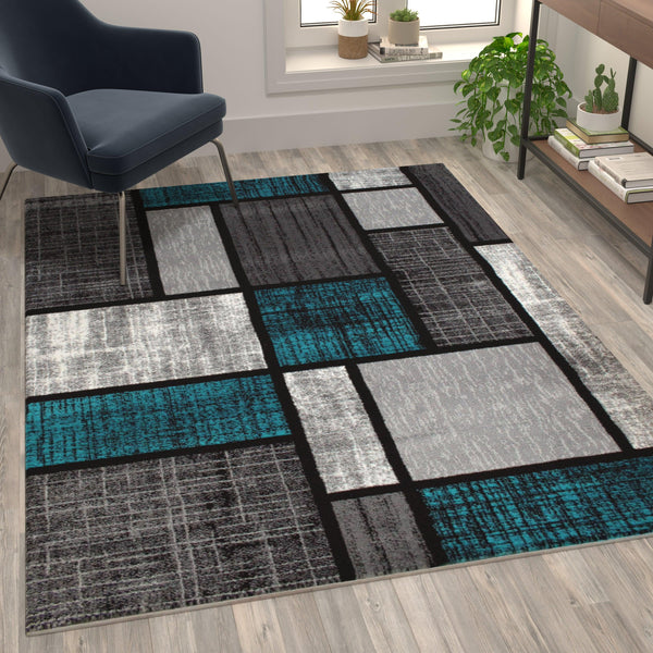 Turquoise,5' x 7' |#| Modern Geometric Color Block Area Rug - Turquoise, Black, & Gray - 5' x 7'