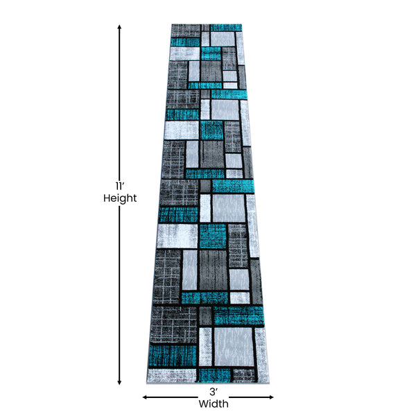 Turquoise,2' x 11' |#| Modern Geometric Color Block Area Rug - Turquoise, Black, & Gray - 2' x 11'