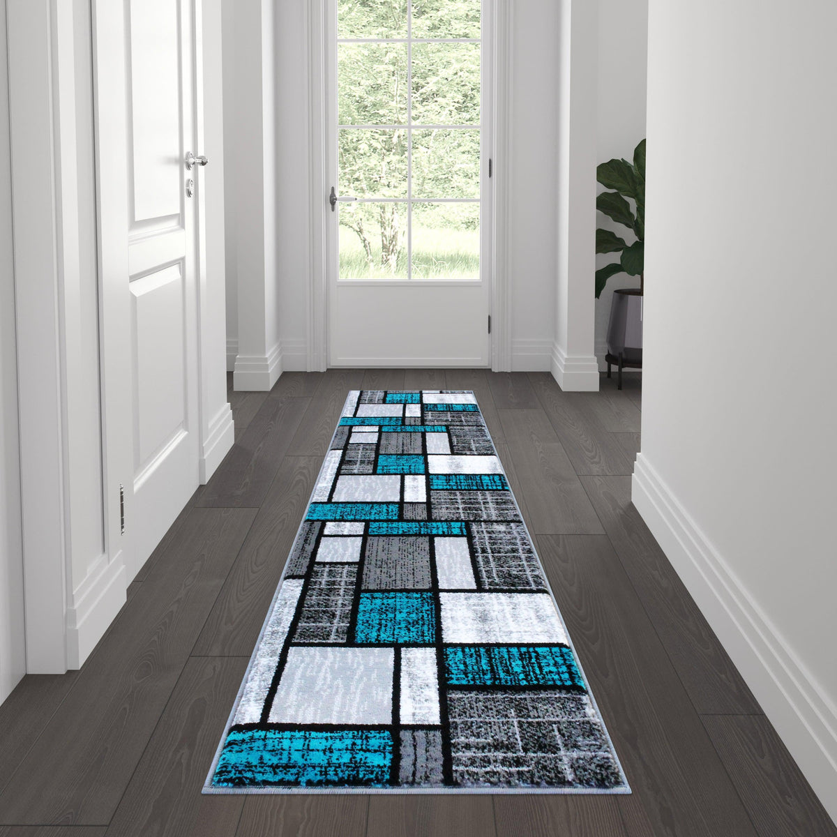 Turquoise,2' x 7' |#| Modern Geometric Color Block Area Rug - Turquoise, Black, & Gray - 2' x 7'