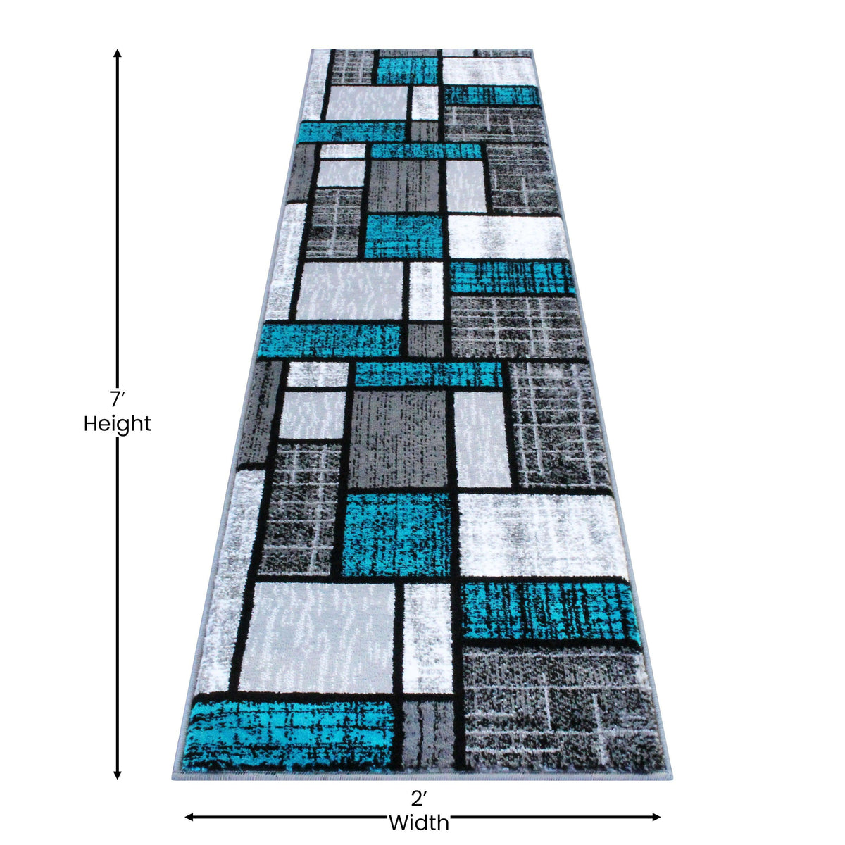 Turquoise,2' x 7' |#| Modern Geometric Color Block Area Rug - Turquoise, Black, & Gray - 2' x 7'