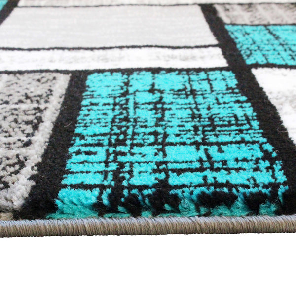 Turquoise,2' x 7' |#| Modern Geometric Color Block Area Rug - Turquoise, Black, & Gray - 2' x 7'