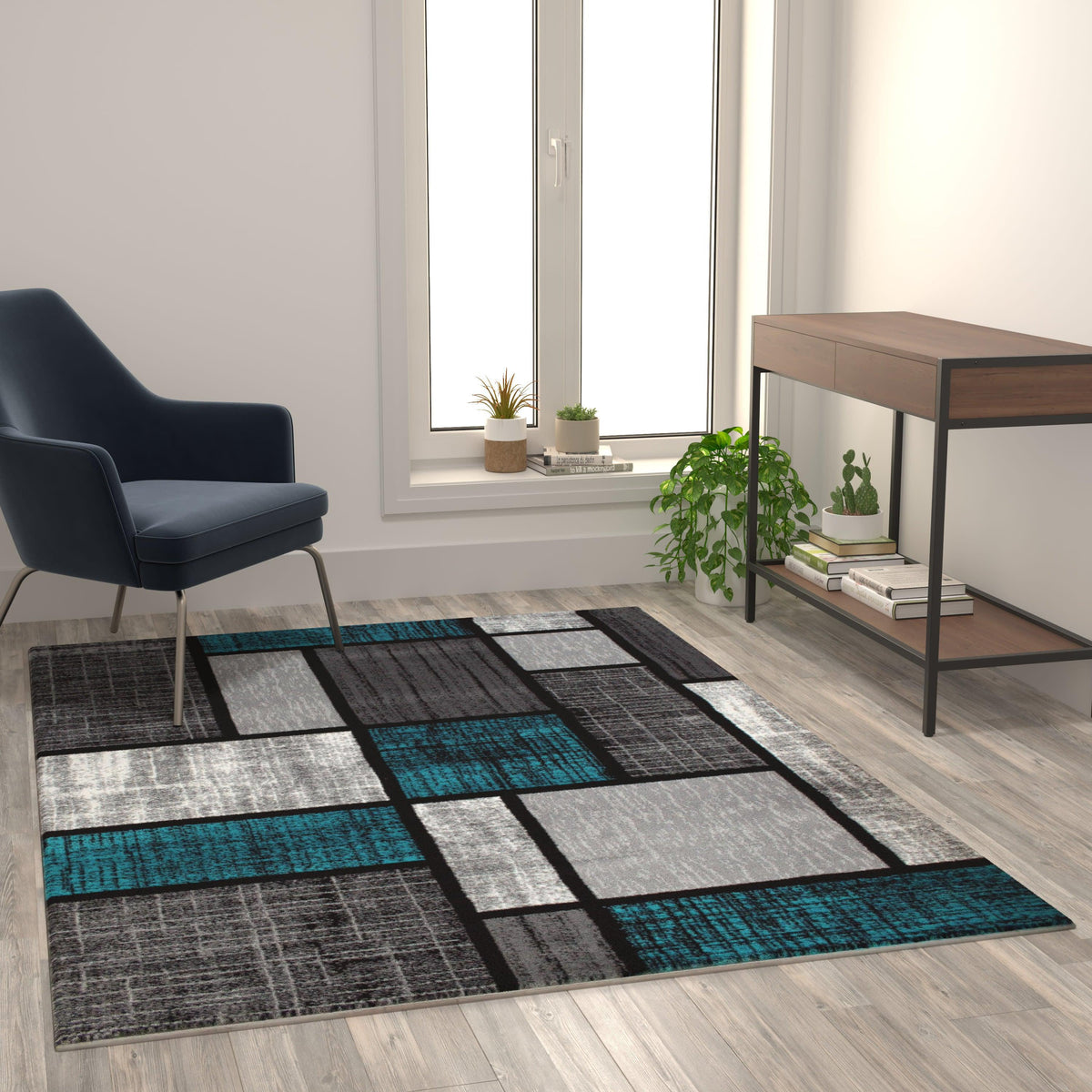 Turquoise,5' x 7' |#| Modern Geometric Color Block Area Rug - Turquoise, Black, & Gray - 5' x 7'