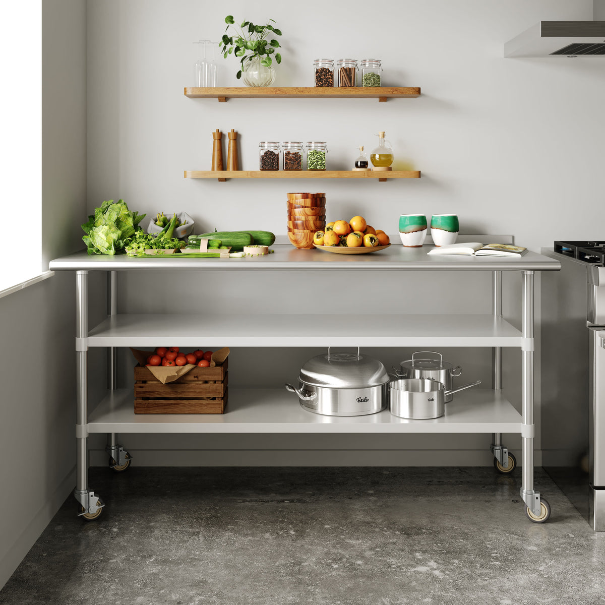 72"W x 30"D |#| Commercial Stainless Steel Work Table with Backsplash and 2 Undershelves -30x72