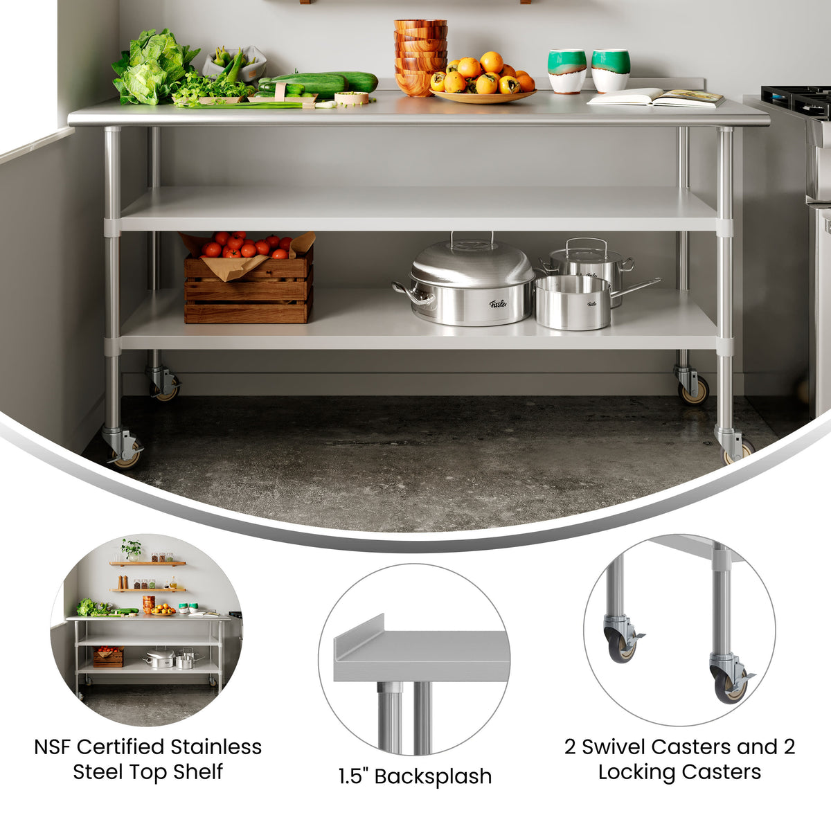 72"W x 30"D |#| Commercial Stainless Steel Work Table with Backsplash and 2 Undershelves -30x72