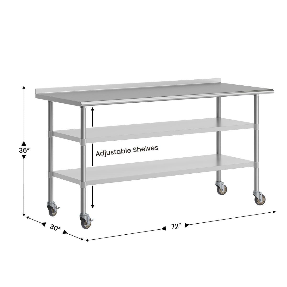 72"W x 30"D |#| Commercial Stainless Steel Work Table with Backsplash and 2 Undershelves -30x72