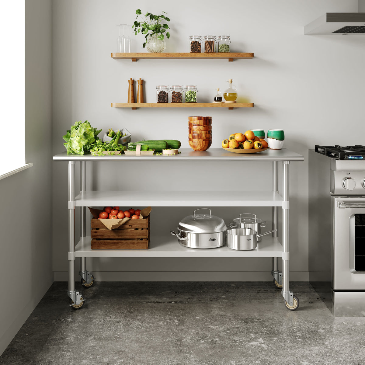 60"W x 24"D |#| Commercial Stainless Steel Work Table with Backsplash and 2 Undershelves -24x60