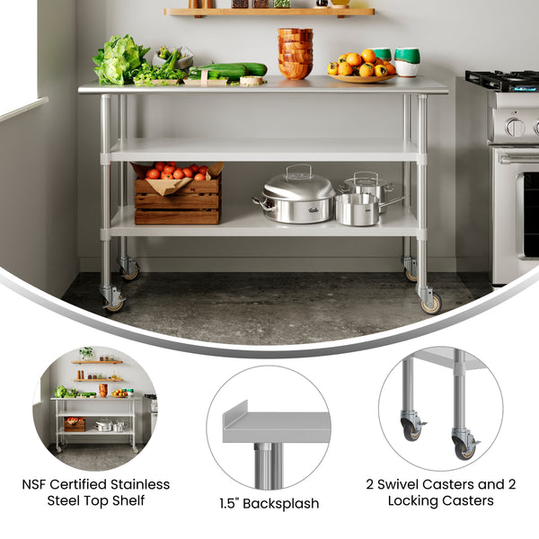 60"W x 24"D |#| Commercial Stainless Steel Work Table with Backsplash and 2 Undershelves -24x60