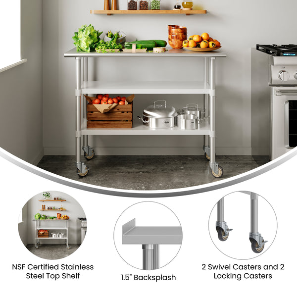 48"W x 24"D |#| Commercial Stainless Steel Work Table with Backsplash and 2 Undershelves -24x48
