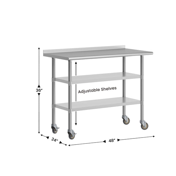 48"W x 24"D |#| Commercial Stainless Steel Work Table with Backsplash and 2 Undershelves -24x48