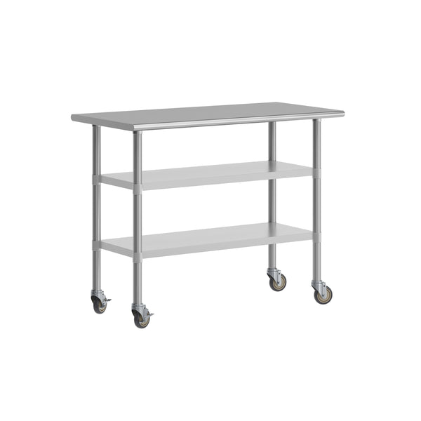 48"W x 24"D |#| Commercial Stainless Steel Work Table with Dual Undershelves and Casters - 24x48