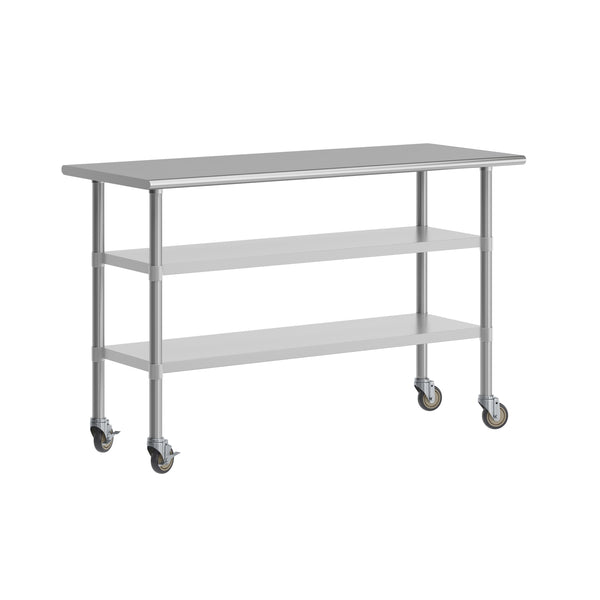 60"W x 24"D |#| Commercial Stainless Steel Work Table with Dual Undershelves and Casters - 24x60