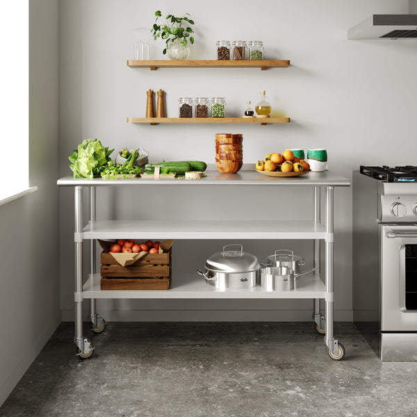 60"W x 24"D |#| Commercial Stainless Steel Work Table with Dual Undershelves and Casters - 24x60