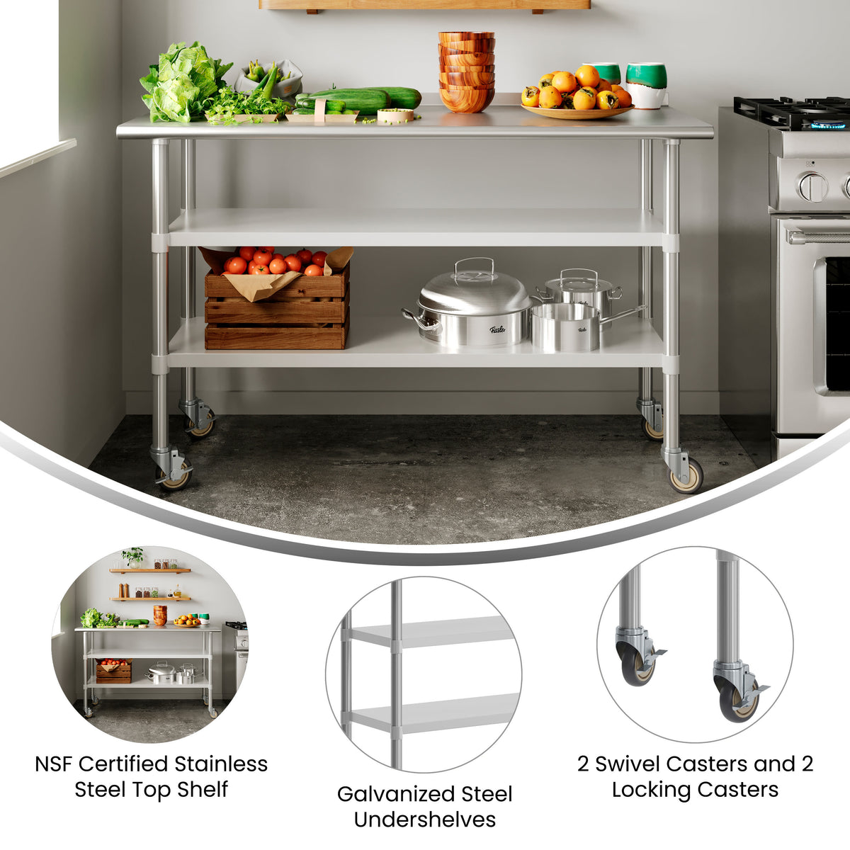 60"W x 24"D |#| Commercial Stainless Steel Work Table with Dual Undershelves and Casters - 24x60