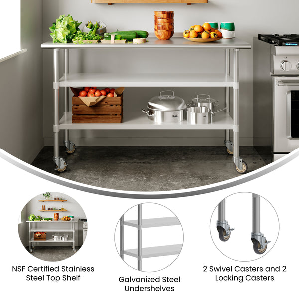 60"W x 24"D |#| Commercial Stainless Steel Work Table with Dual Undershelves and Casters - 24x60