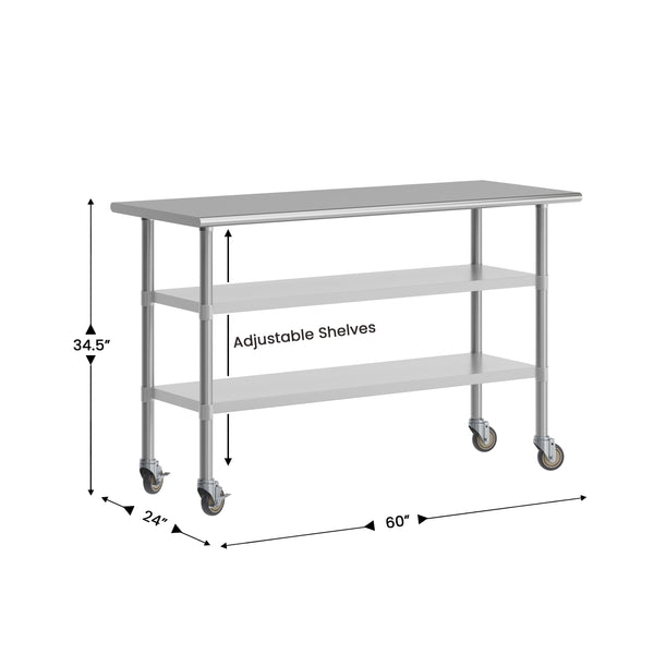 60"W x 24"D |#| Commercial Stainless Steel Work Table with Dual Undershelves and Casters - 24x60