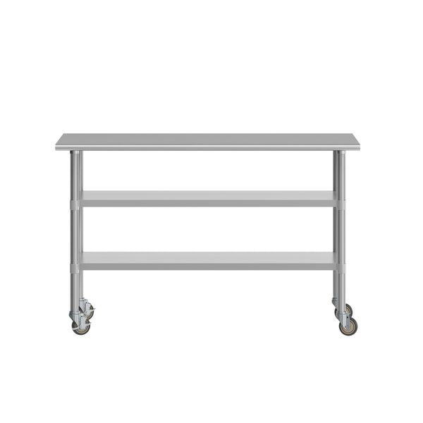 60"W x 24"D |#| Commercial Stainless Steel Work Table with Dual Undershelves and Casters - 24x60