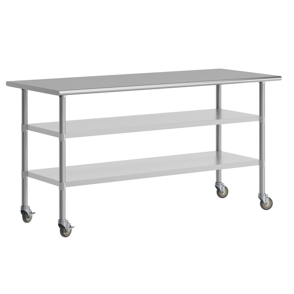 72"W x 30"D |#| Commercial Stainless Steel Work Table with Dual Undershelves and Casters - 30x72