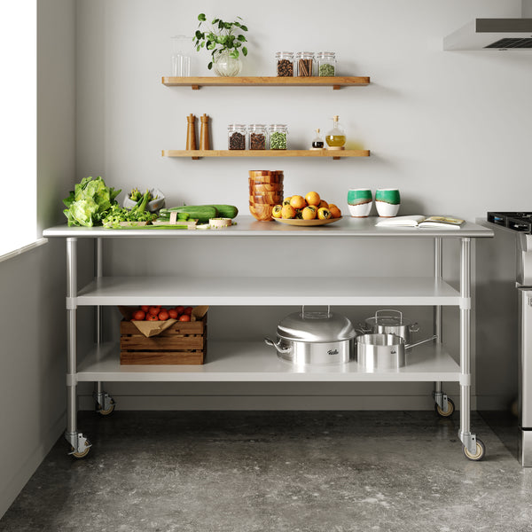 72"W x 30"D |#| Commercial Stainless Steel Work Table with Dual Undershelves and Casters - 30x72