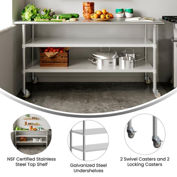 72"W x 30"D |#| Commercial Stainless Steel Work Table with Dual Undershelves and Casters - 30x72