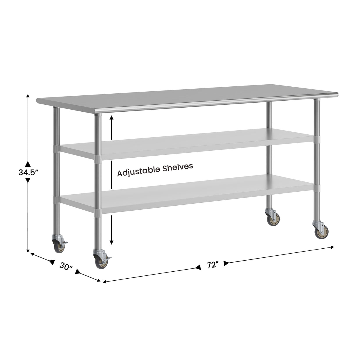 72"W x 30"D |#| Commercial Stainless Steel Work Table with Dual Undershelves and Casters - 30x72