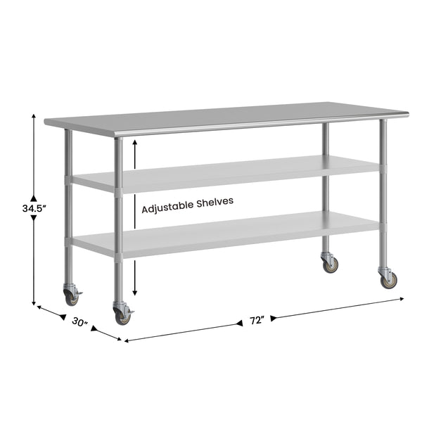 72"W x 30"D |#| Commercial Stainless Steel Work Table with Dual Undershelves and Casters - 30x72