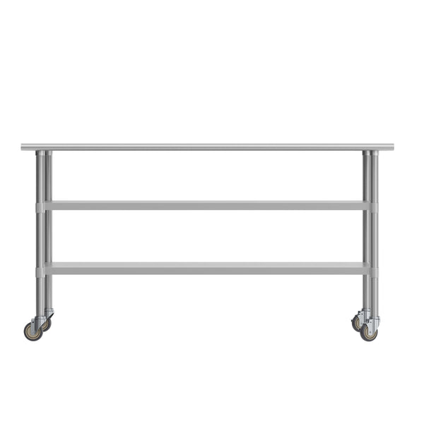 72"W x 30"D |#| Commercial Stainless Steel Work Table with Dual Undershelves and Casters - 30x72