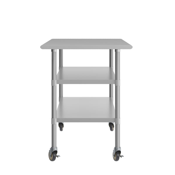 72"W x 30"D |#| Commercial Stainless Steel Work Table with Dual Undershelves and Casters - 30x72