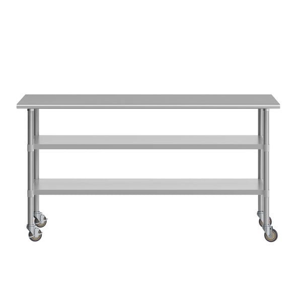 72"W x 30"D |#| Commercial Stainless Steel Work Table with Dual Undershelves and Casters - 30x72