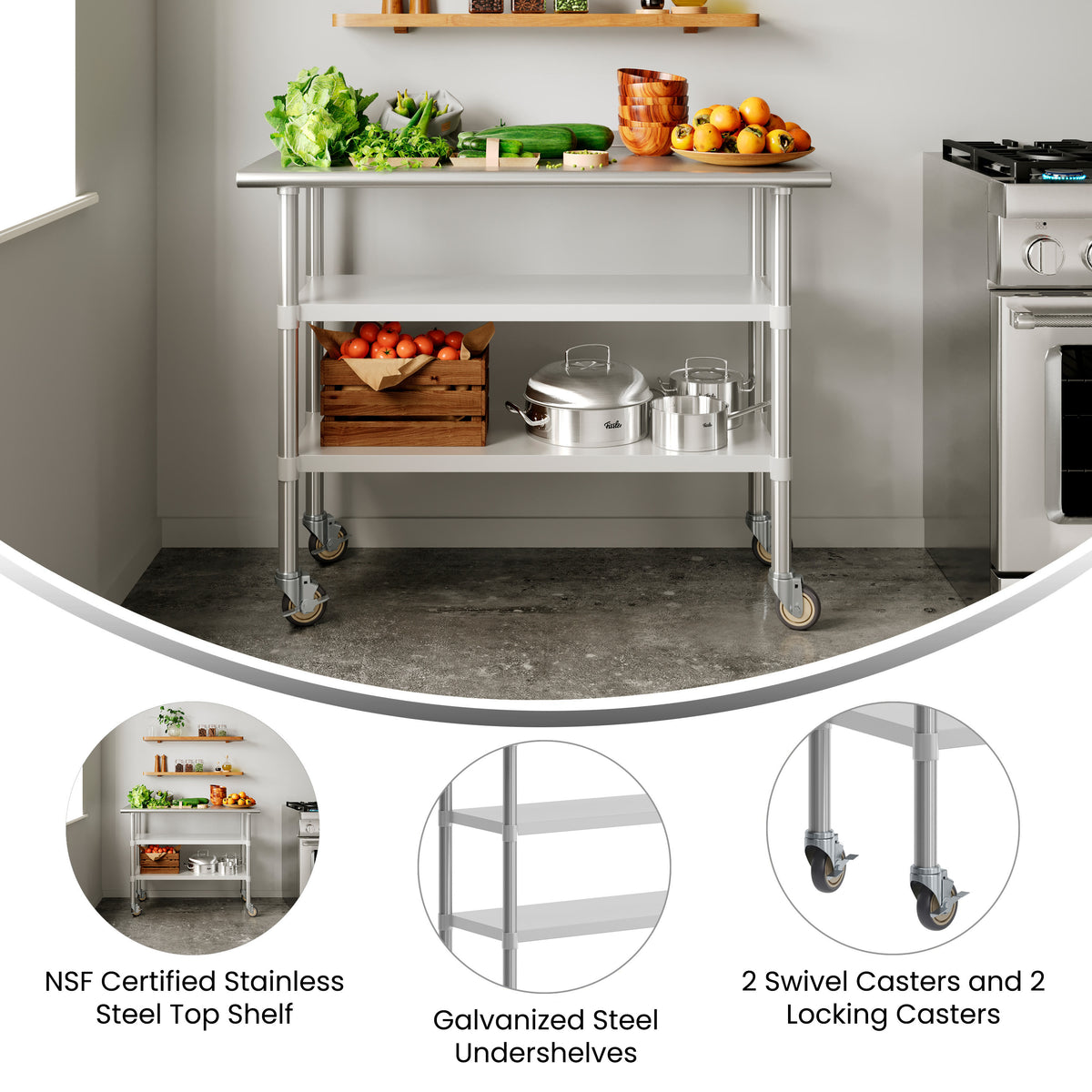 48"W x 24"D |#| Commercial Stainless Steel Work Table with Dual Undershelves and Casters - 24x48