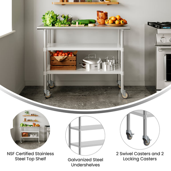48"W x 24"D |#| Commercial Stainless Steel Work Table with Dual Undershelves and Casters - 24x48