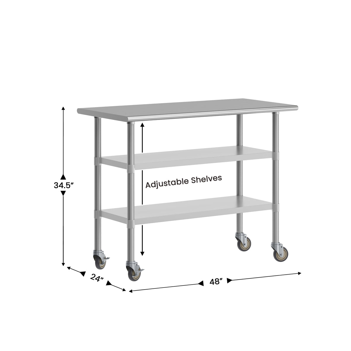 48"W x 24"D |#| Commercial Stainless Steel Work Table with Dual Undershelves and Casters - 24x48