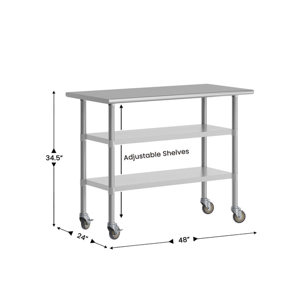 48"W x 24"D |#| Commercial Stainless Steel Work Table with Dual Undershelves and Casters - 24x48