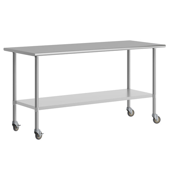 72"W x 30"D |#| Commercial Stainless Steel 18 Gauge Work Table with Undershelf and Casters-30x72