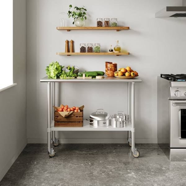 48"W x 24"D |#| Commercial Stainless Steel 18 Gauge Work Table with Undershelf and Casters-24x48