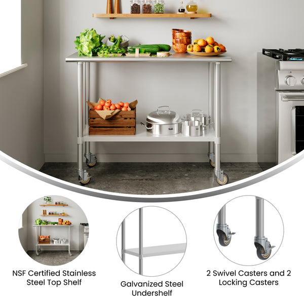 48"W x 24"D |#| Commercial Stainless Steel 18 Gauge Work Table with Undershelf and Casters-24x48