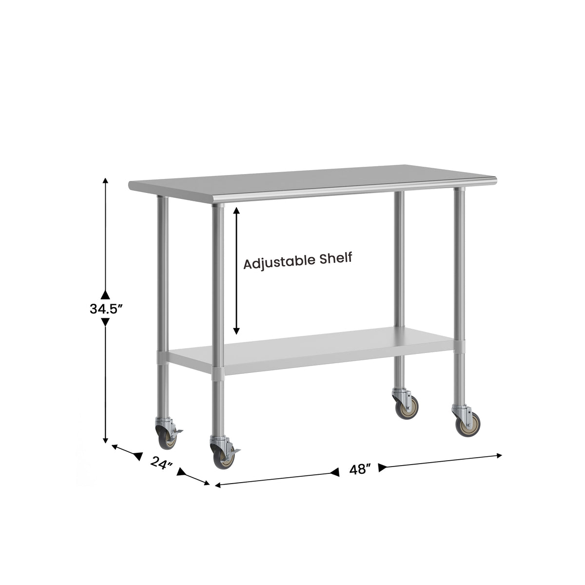 48"W x 24"D |#| Commercial Stainless Steel 18 Gauge Work Table with Undershelf and Casters-24x48