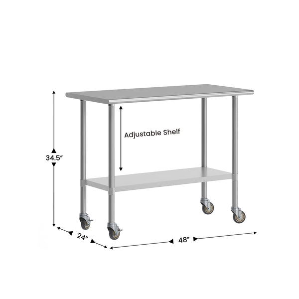 48"W x 24"D |#| Commercial Stainless Steel 18 Gauge Work Table with Undershelf and Casters-24x48