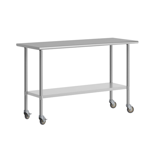 60"W x 24"D |#| Commercial Stainless Steel 18 Gauge Work Table with Undershelf and Casters-24x60
