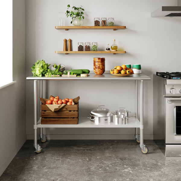 60"W x 24"D |#| Commercial Stainless Steel 18 Gauge Work Table with Undershelf and Casters-24x60