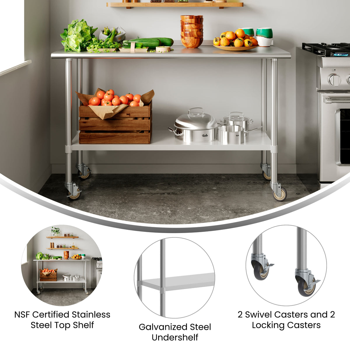 60"W x 24"D |#| Commercial Stainless Steel 18 Gauge Work Table with Undershelf and Casters-24x60