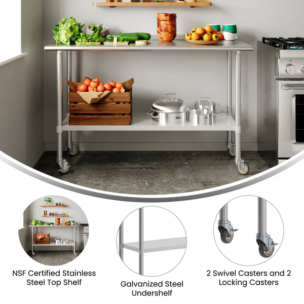60"W x 24"D |#| Commercial Stainless Steel 18 Gauge Work Table with Undershelf and Casters-24x60