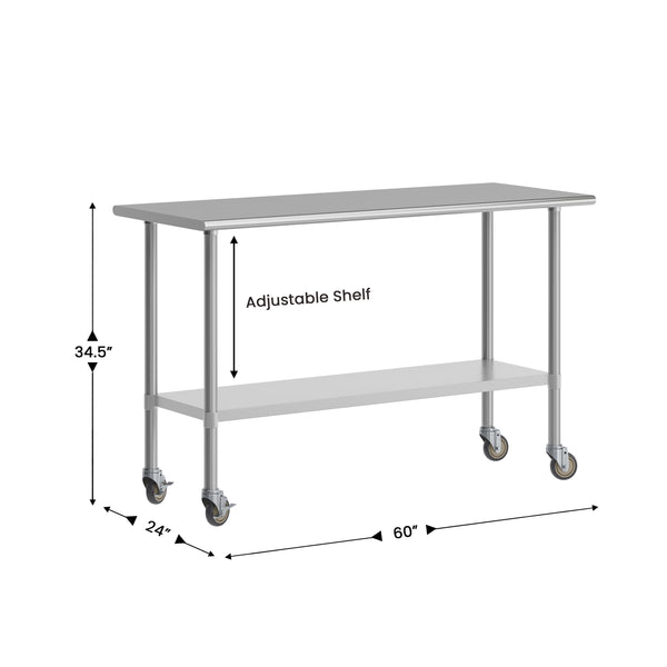 60"W x 24"D |#| Commercial Stainless Steel 18 Gauge Work Table with Undershelf and Casters-24x60