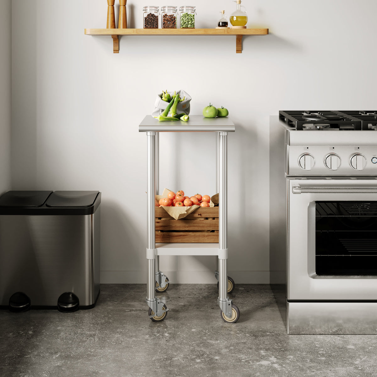 24"W x 18"D |#| Commercial Stainless Steel 18 Gauge Work Table with Undershelf and Casters-24x18