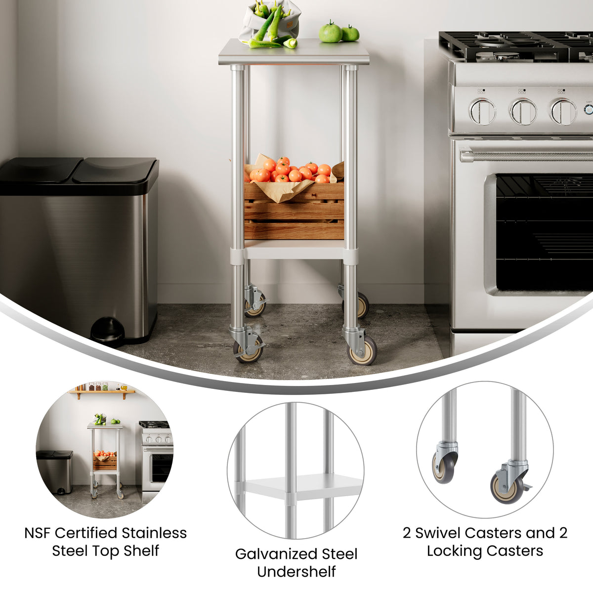24"W x 18"D |#| Commercial Stainless Steel 18 Gauge Work Table with Undershelf and Casters-24x18
