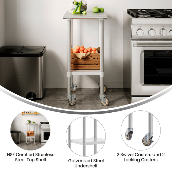 24"W x 18"D |#| Commercial Stainless Steel 18 Gauge Work Table with Undershelf and Casters-24x18