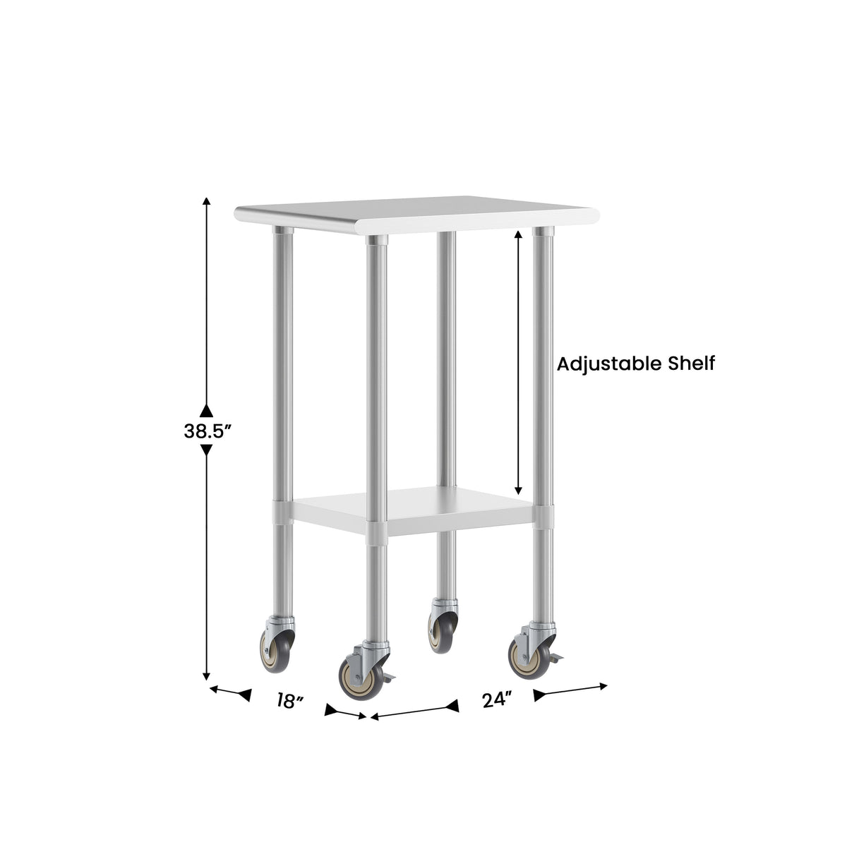 24"W x 18"D |#| Commercial Stainless Steel 18 Gauge Work Table with Undershelf and Casters-24x18
